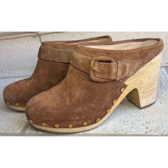 Veronica Beard Dacey Heeled Slip On Clogs Brown Suede Clogs Gold Accents Sz 11 - Picture 14 of 15